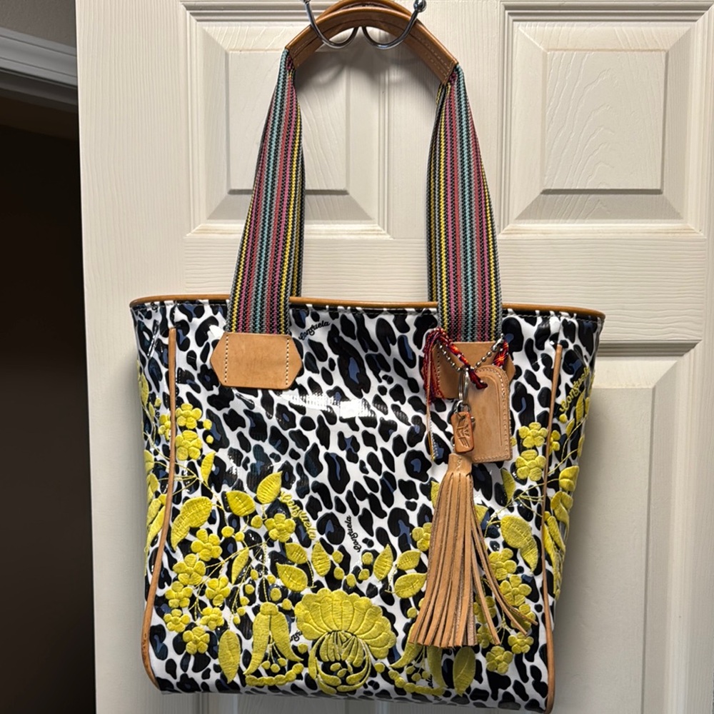 Consuela Yellow and Black Tote Bag with Bold Floral Design